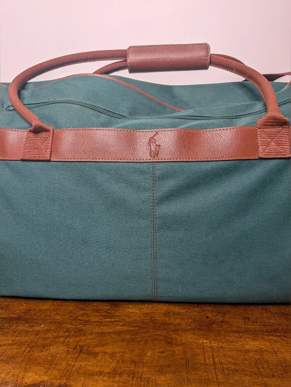 Polo Ralph Lauren Fragrances Duffle Bag Green Canvas Brown Leatherette Piping